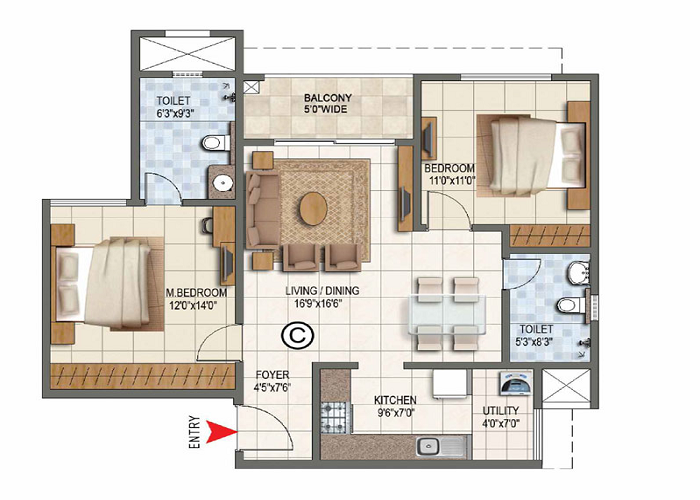 Prestige Oakville 2 BHK Floor Plan